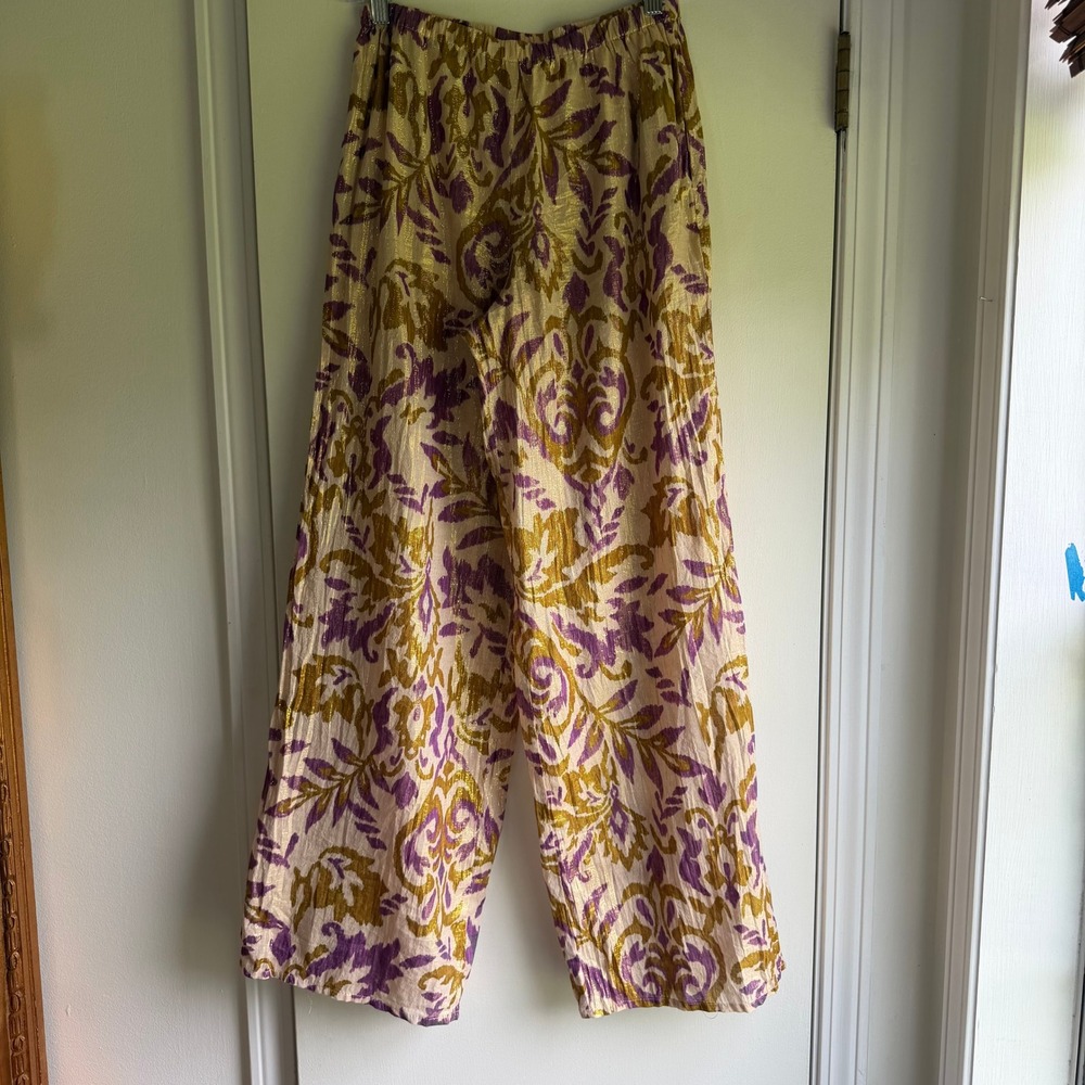 Zara Womens XS Gold Purple Metallic Damask Wide Leg Elastic Waist Pants Pockets